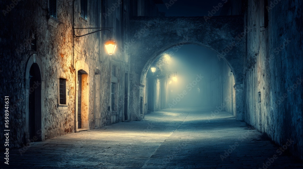 Obraz premium Mysterious foggy night in an old city a dark alleyway with gothic architecture and gas lamp