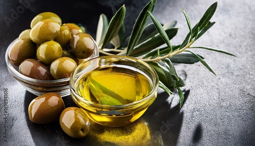 olive oil olives and olive branch on dark background