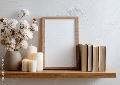 Light beige and tan decor on wooden shelf