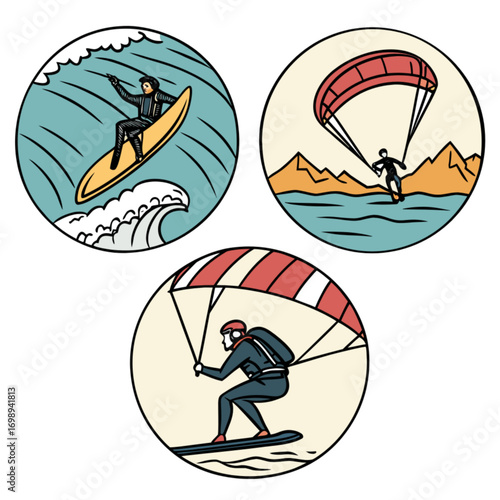 Three circular illustrations depicting extreme sports enthusiasts in action.