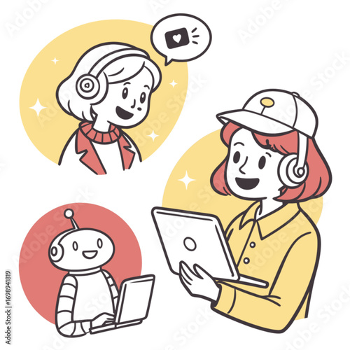 Happy Woman with Headphones Using Laptop Interacting with Robot and Influencer.