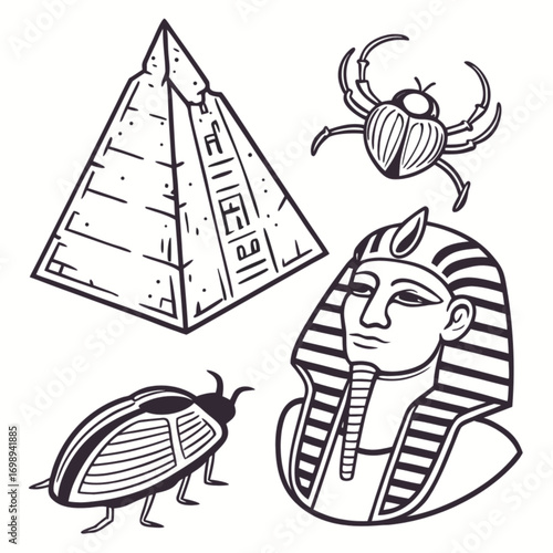 Egyptian Symbols: Pyramid Scarab Beetle and Pharaohs Head Line Art Style.