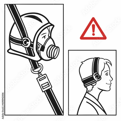 Black and white line art of a person wearing a protective helmet and respirator mask clipped to a safety harness strap.