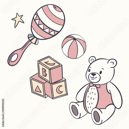 Cute hand-drawn baby toys set: teddy bear rattle ball and ABC blocks in soft pink and cream colors.