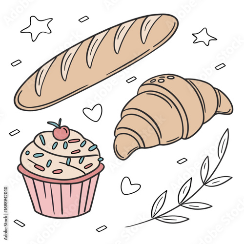 Charming hand-drawn illustration of a baguette croissant and a pink cupcake with a cherry on top.