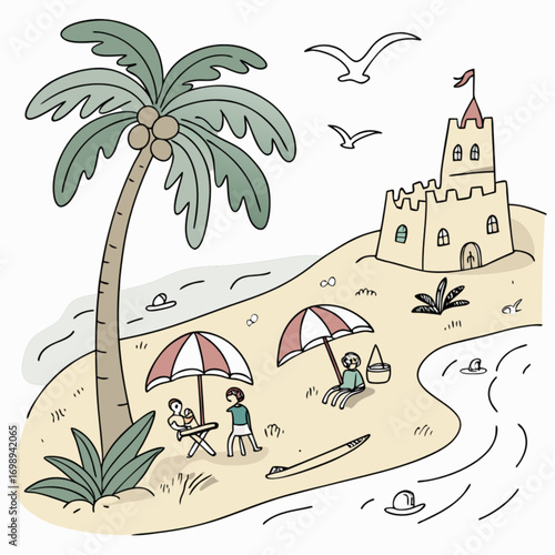 Hand-drawn Beach Scene with Palm Tree Sandcastle and People Relaxing.