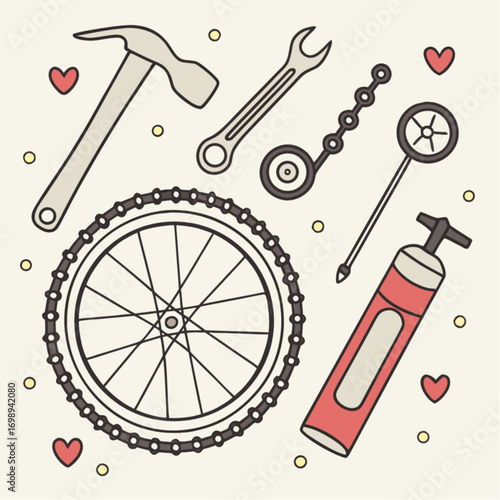 Line art bicycle repair tools set with wheel chain pump hammer and wrench.