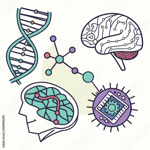 A conceptual illustration set of science and technology icons including a DNA helix a circuit brain a molecule and a bio-tech microchip in a line art style.