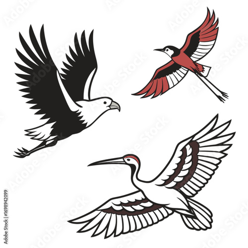 Three stylized birds in flight: eagle red-winged bird and crane.