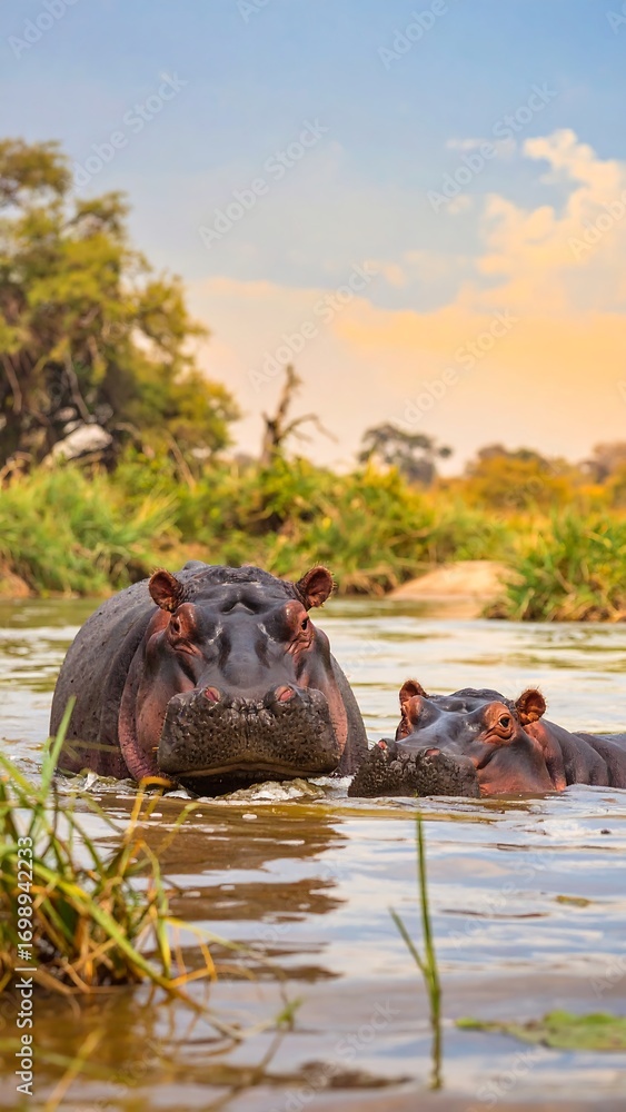 Fototapeta premium Two hippos in a river, sunset view
