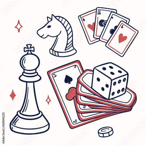 Hand-Drawn Chess Piece Playing Cards Dice and Horse Head.