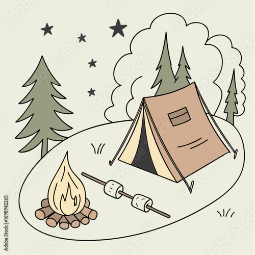 Cozy Camping Scene with Tent Campfire and Marshmallows.