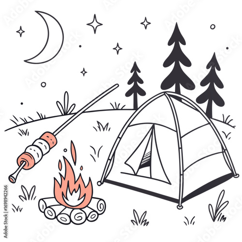 Hand-drawn camping scene with a tent warm campfire and marshmallows roasting under a crescent moon.