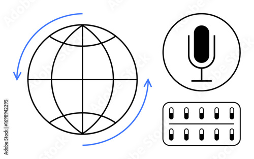 Globe with arrows, microphone, and control panel illustrating global communication, podcasting, broadcasting, technology, networking, audio recording and multimedia use. Ideal for simple landing