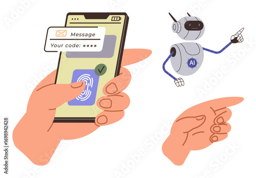 Hand holding smartphone verifying fingerprint, code received via message. AI robot pointing and guiding. Ideal for cybersecurity, technology, AI interaction, identity verification, smart devices
