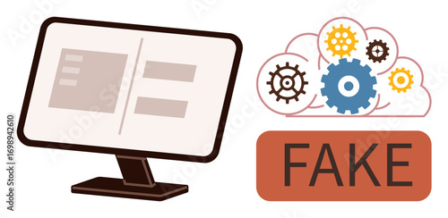 Computer monitor with data, gears in a cloud, and FAKE text. Ideal for misinformation, fraud, internet safety, digital trust, data manipulation cybersecurity online ethics. Simple flat metaphor