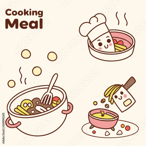 Cute cartoon cooking meal preparation illustrations set with happy kitchen utensils.
