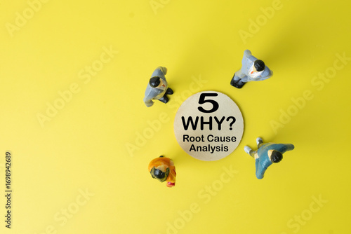 A team of miniature people in a meeting for a 5 Whys Root Cause Analysis. A business concept for teamwork, brainstorming, and a collaborative problem-solving workshop. Top view with copyspace.