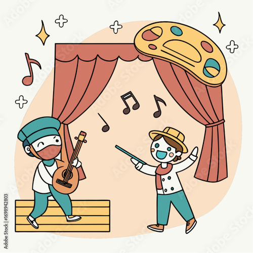 Cartoon illustration of two children performing on a stage with musical instruments.