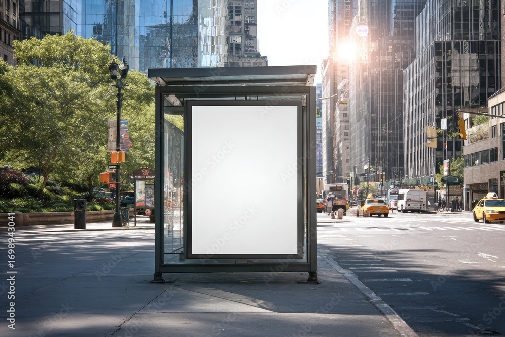 Empty bus stop advertisement in a city Empty bus stop advertisement in a city