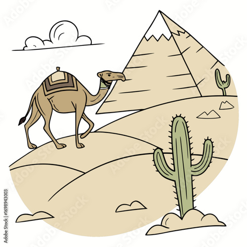 Stylized cartoon illustration of a dromedary camel walking on sand dunes before a great pyramid and cacti.