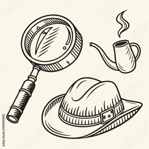Hand-drawn illustration of a fedora hat magnifying glass and coffee pot.
