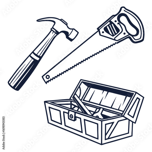 Detailed Black and White Illustration of Carpentry Tools: Hammer Saw Toolbox.