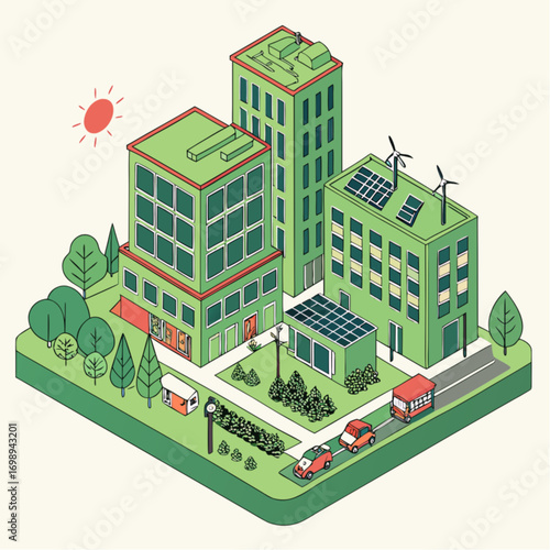 Isometric Green Eco-Friendly Cityscape with Sustainable Buildings.