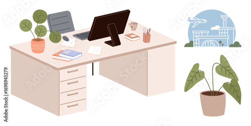 Office desk setup with computer, books, stationery, and potted plants, complemented by a travel-themed airport illustration. Ideal for productivity, work-life balance, organization, workspace ideas