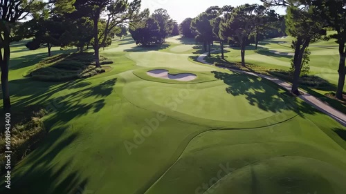 Aerial view of a lush green golf course with trees and sand traps