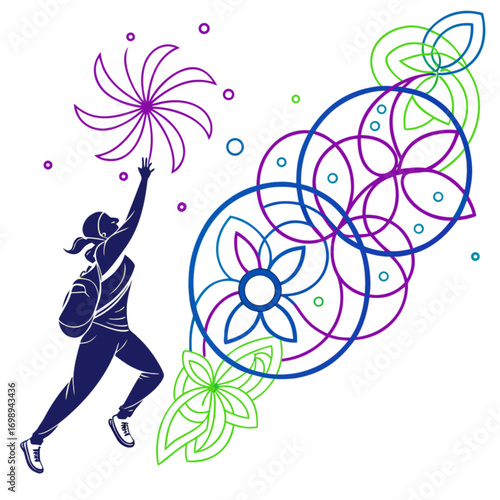 Silhouette of a Woman Reaching for a Stylized Purple Starburst Design.