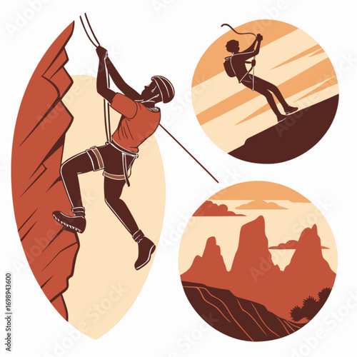 Dynamic rock climbing and mountaineering illustrations featuring climbers on rugged terrain.