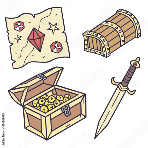 Hand-drawn Cartoon Treasure Set: Chest Map Sword and Gem.