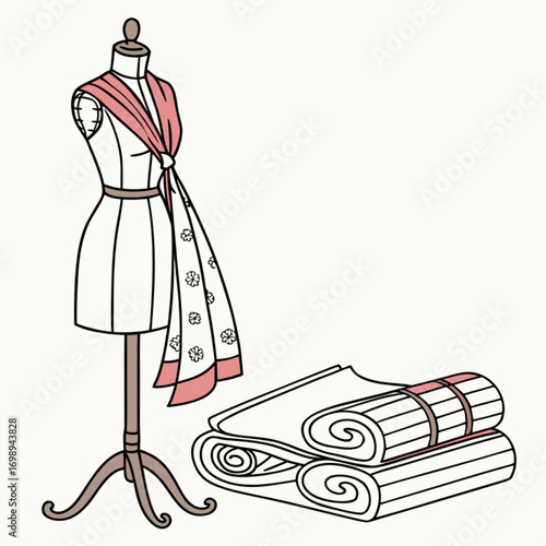 Mannequin with Pink Scarf and Rolled Fabrics Fashion Design Illustration.