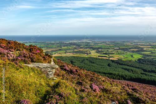 Beautiful view of a green countryside with a blue ocean in the background Isle Of Man -