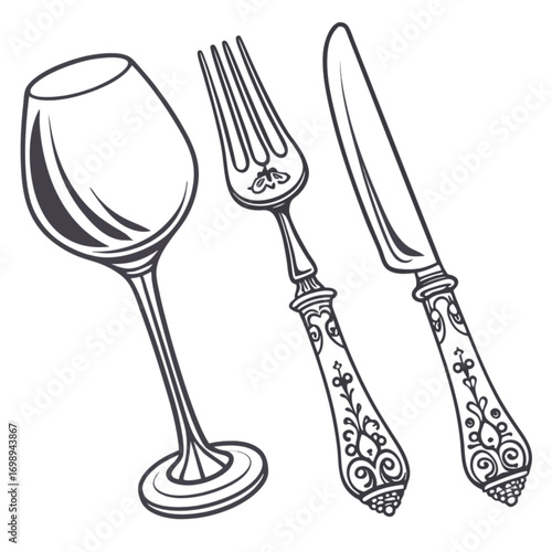 Elegant Ornate Wine Glass Fork and Knife Set.