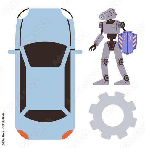 Robot holding shield next to car top view and gear. Ideal for technology, robotics, automation, car safety, innovation, AI, and engineering concepts. Clean simple flat metaphor