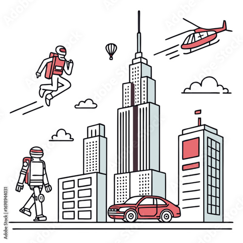 Futuristic city illustration with robot jetpack car helicopter and buildings featuring clean lines and red accents.