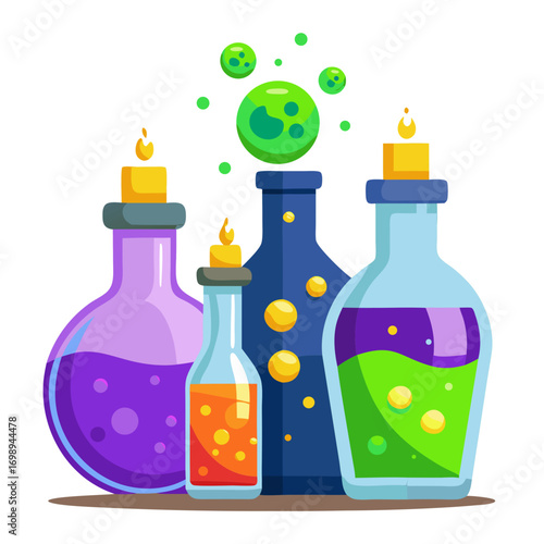 Magic Potion Bottles with Colorful Liquids, Bubbles and Candles Vector Illustration

