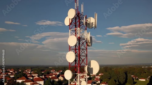 Telecommunication tower with antennas against a clear sky
