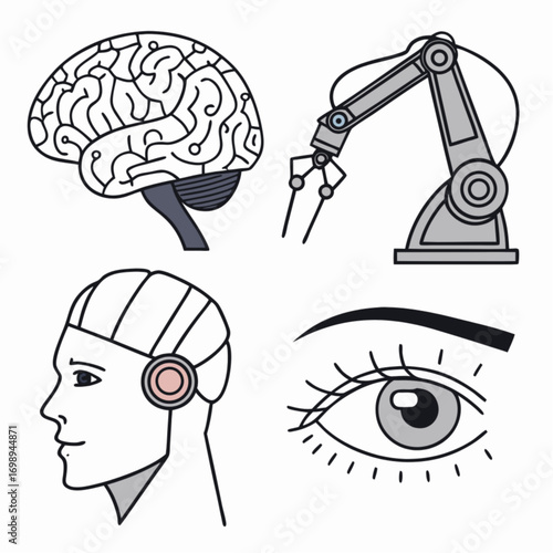 A set of four minimalist line art icons depicting a brain robotic arm cyborg head and eye symbolizing artificial intelligence and cybernetics.