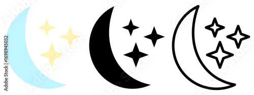 night icon, moon and stars, simple flat style, vector illustration, symbol, design logo template pictogram, for ui or ux isolated on white for mobile app, editable