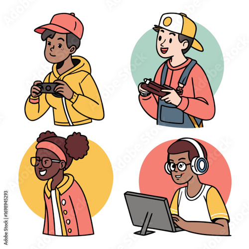 A diverse collection of four cartoon teenagers enjoying hobbies like gaming photography and computing.