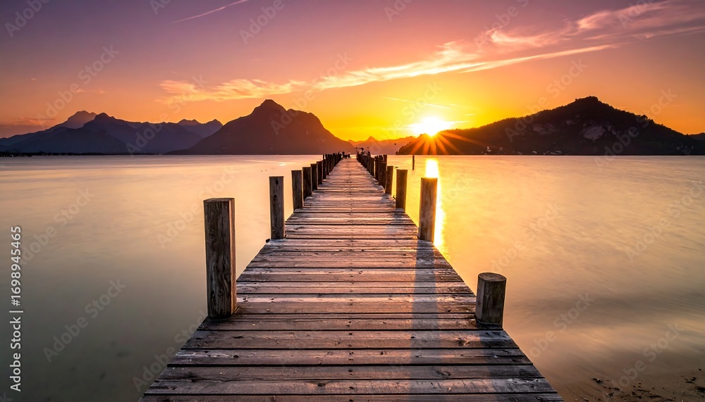 Obraz premium Serene sunset over a lake with a wooden pier