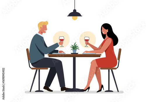 Elegant couple enjoys romantic dinner with red wine, celebrating love and connection in a stylish restaurant, perfect for anniversaries and special moments