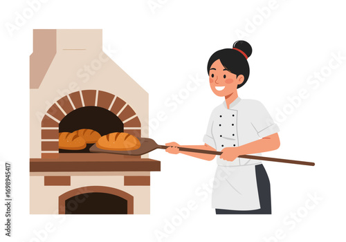 Smiling baker pulling freshly baked bread from a brick oven with a peel, artisan bakery concept, culinary arts, baking with traditional methods, wholesome food
