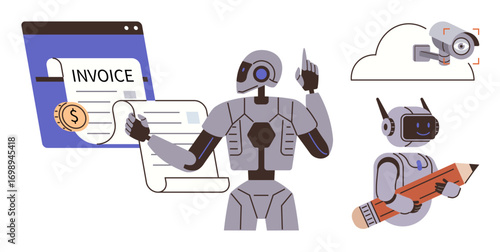 Android processing online invoice, robotic assistant holding pencil, surveillance camera in cloud interface. Ideal for AI automation, finance, security, creativity, innovation, robotics technology