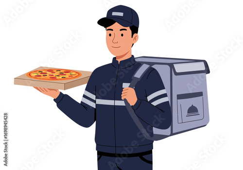 Speedy pizza delivery is here with a smiling delivery driver, bringing fresh, hot pizza to your doorstep with efficient service and a friendly attitude