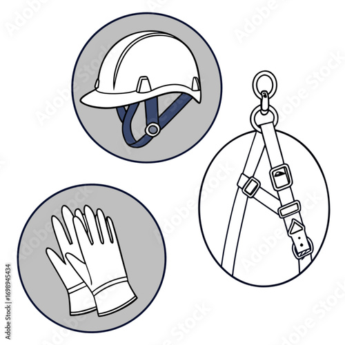 Safety Gear Essentials: White Hard Hat Work Gloves and Fall Arrest Harness.