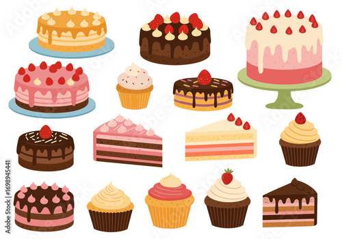 Delicious assorted cakes and cupcakes perfect for birthdays, celebrations, and sweet treats marketing, originally a scalable vector graphic